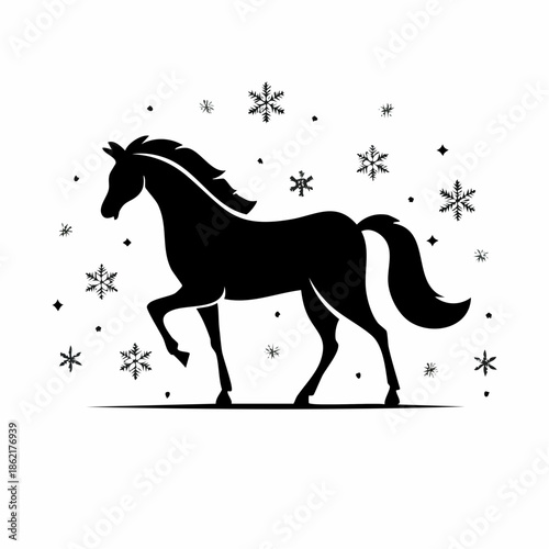 horse silhouette vector, snowflakes, 2026 year, horse year 