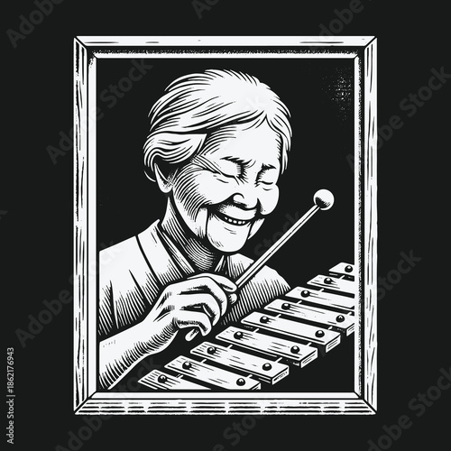 Elderly Asian woman joyfully playing a xylophone in a framed illustration.