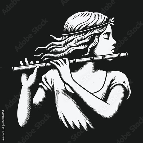 Black and white classical illustration of a woman playing the flute.