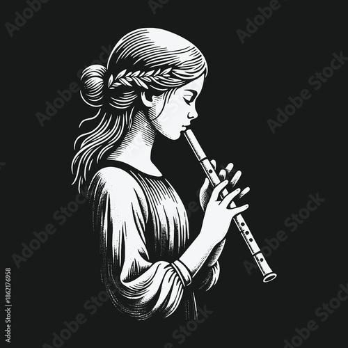 Monochrome engraving style illustration of a woman playing a flute.