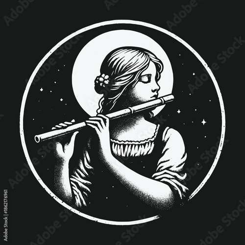 Serene woman playing a flute against a starry night sky.