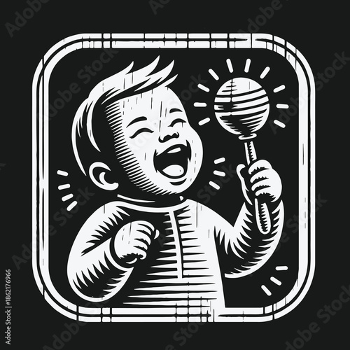 Happy laughing baby with a rattle toy vintage illustration.
