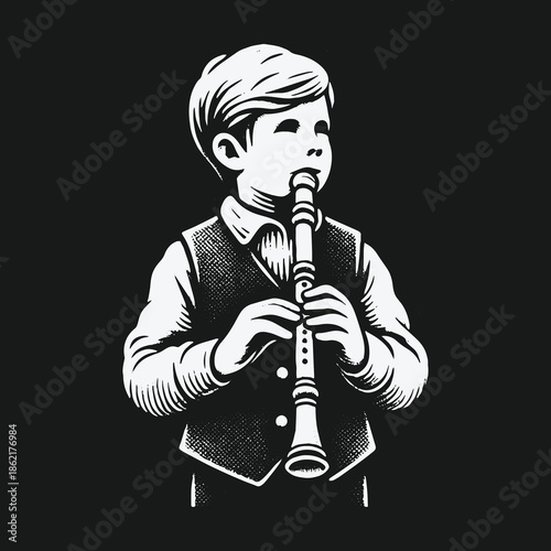 Vintage black and white illustration of a young boy playing a recorder.