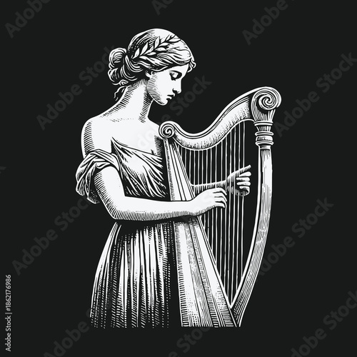 Classical woman in ancient dress playing a stringed harp instrument.
