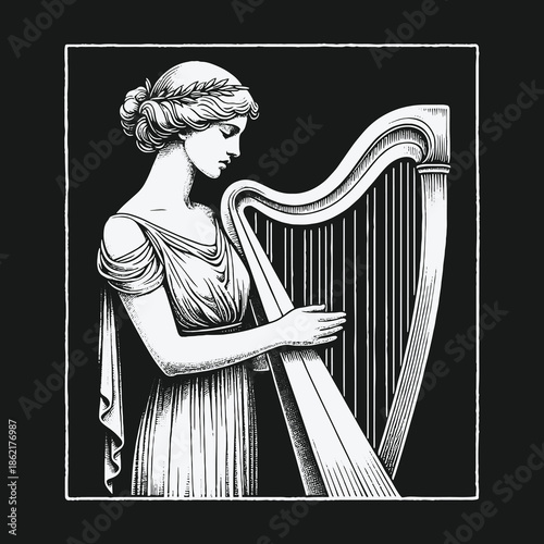 Elegant classical woman playing a harp in a black and white engraving style illustration.