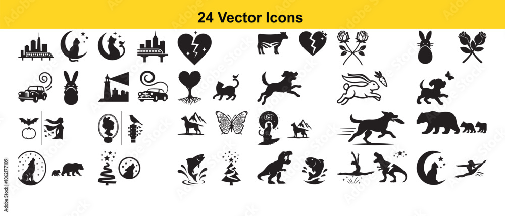 Obraz premium Collection of twenty four black silhouette vector icons depicting various animals and shapes