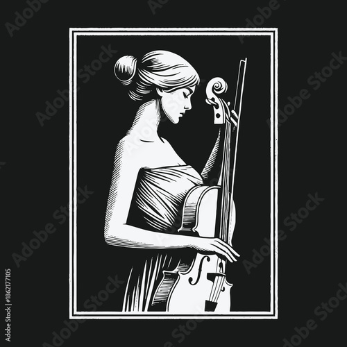 Elegant classical musician with a cello in a vintage woodcut style artwork.