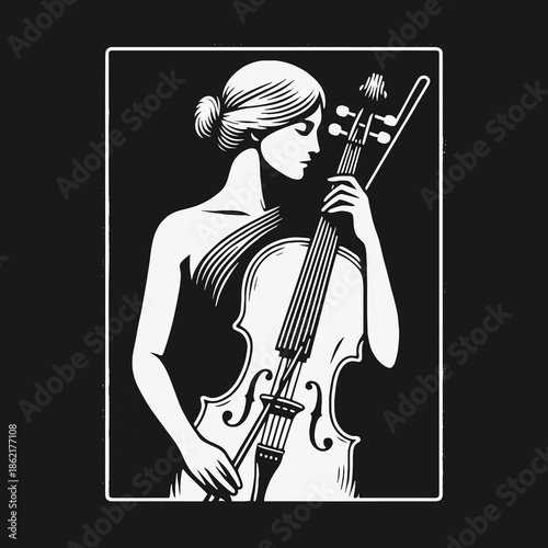 Elegant woman playing a cello black and white illustration.
