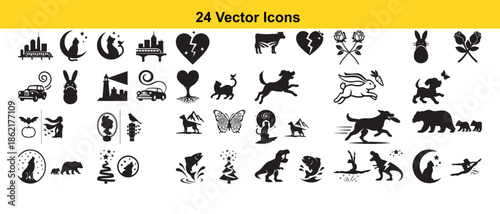 Collection of twenty four black silhouette vector icons depicting various animals and shapes