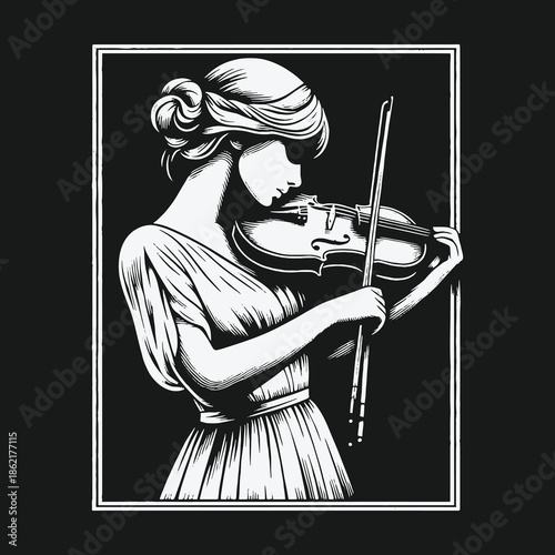 Vintage black and white illustration of a woman playing the violin.