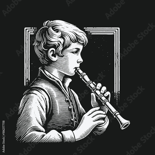 Vintage woodcut style illustration of a young boy playing a flute against a black background.