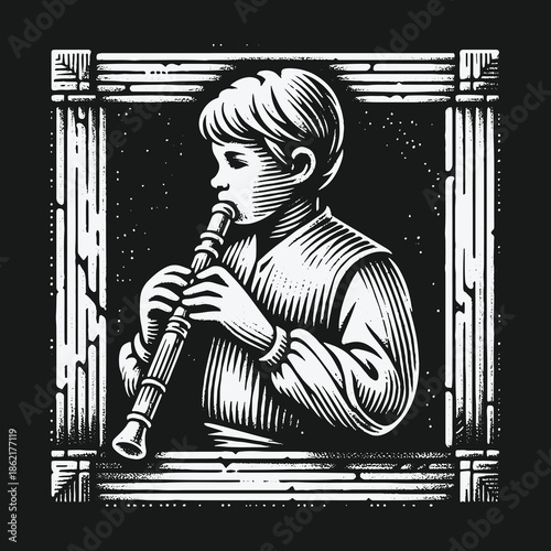 Monochrome artwork of a young flutist framed in an ornate window.