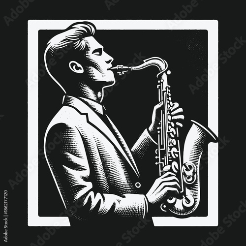 Classic black and white woodcut style illustration of a jazz saxophonist.