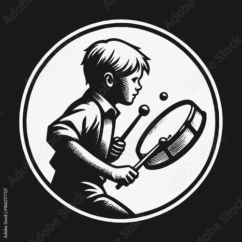 Classic woodcut style illustration of a young boy playing a snare drum.