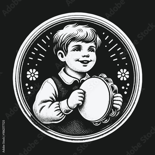 Joyful young boy with a tambourine in a classic monochrome circular design.