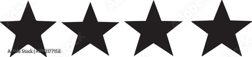 Four black star silhouettes aligned horizontally in simple solid vector style with bold geometric shapes and clean edges, minimal star icons for rating symbols decoration and interface design, concept