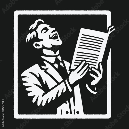 Vintage black and white illustration of a man laughing while reading a document.