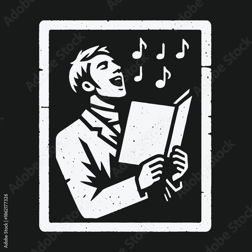 Retro style choir singer holding a hymnal with musical notes.