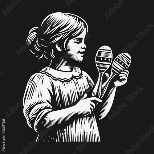 Vintage woodcut illustration of a young girl playing maracas.