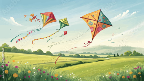 Colorful Kites Dancing High Above Open Green Field