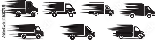 Black delivery truck vector set with multiple fast moving cargo vans shown in side view silhouettes featuring speed motion lines and bold shapes representing logistics transportation