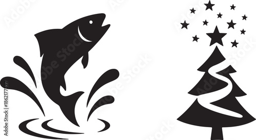 A leaping fish silhouette and a stylized christmas tree with stars
