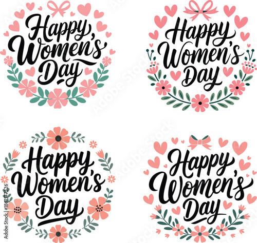 Happy Women's Day calligraphy set with floral wreaths and hearts