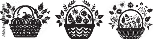 Collection of decorative basket silhouettes filled with pumpkin fruit and floral elements arranged in rustic style isolated on white background showing harvest shapes