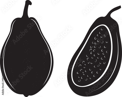 Fig fruit silhouette vector illustration showing whole and sliced fig with visible seeds in bold black shapes expressing fresh organic produce detail