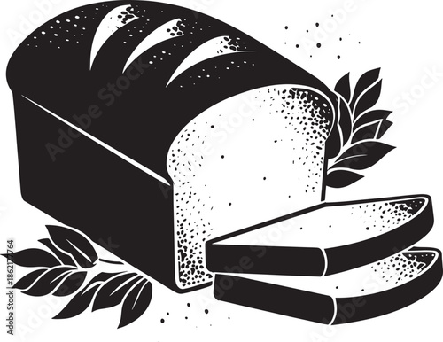 Fresh Baked Bread Loaf with Sliced Pieces and Wheat Decoration Black and White Vector Illustration