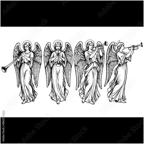 Set of four vintage hand drawn woodcut style angels with wings playing trumpets and praying in classic black and white.