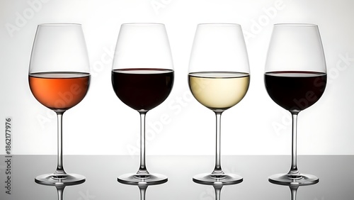 Four wine glasses with different colored wines on a table