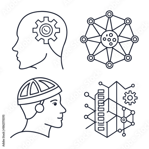 Modern Minimal Vector Icon Set for AI Neural Networks and Deep Learning, Illustrating Synapses, Connectivity, Cognitive Computing, and Advanced Data Architecture