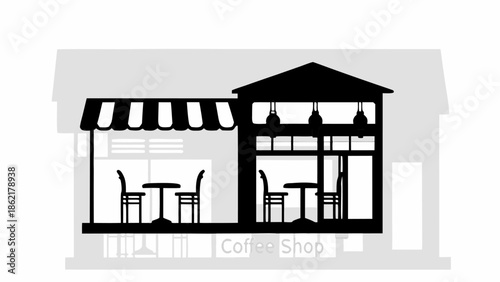 Modern coffee shop exterior with outdoor seating area