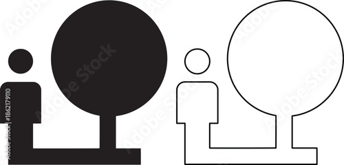 Vector illustration set of black silhouette and line outline icons representing a person standing next to a tree for park, nature, and environment concepts isolated on white background.