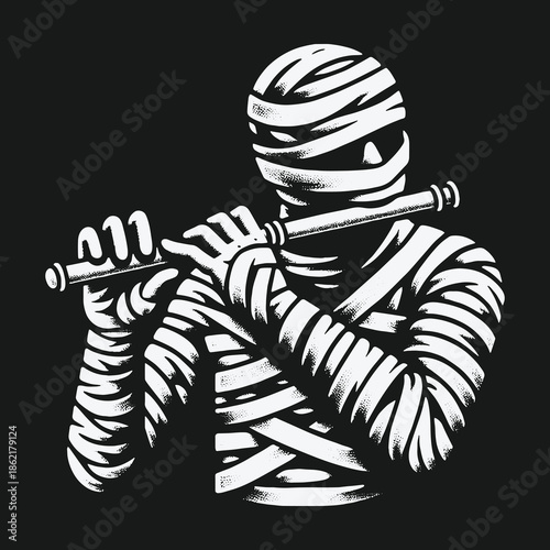 Monochrome illustration of an ancient mummy playing a transverse flute.