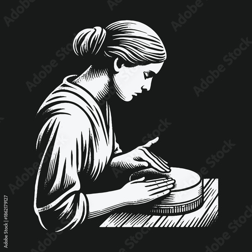 Vintage woodcut illustration of a woman crafting by hand.