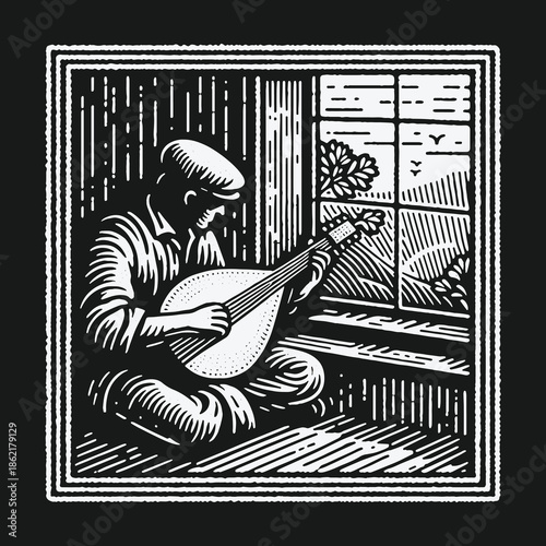 A man plays a lute by the window in a rustic woodcut illustration.