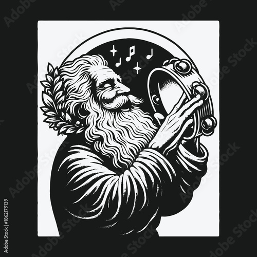 Monochrome Illustration of an Ancient Greek Sage Playing Tambourine.