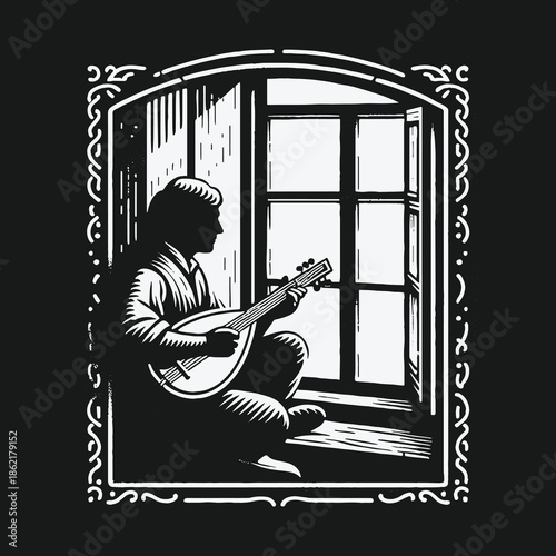 Black and white illustration of a musician playing a lute by a window.