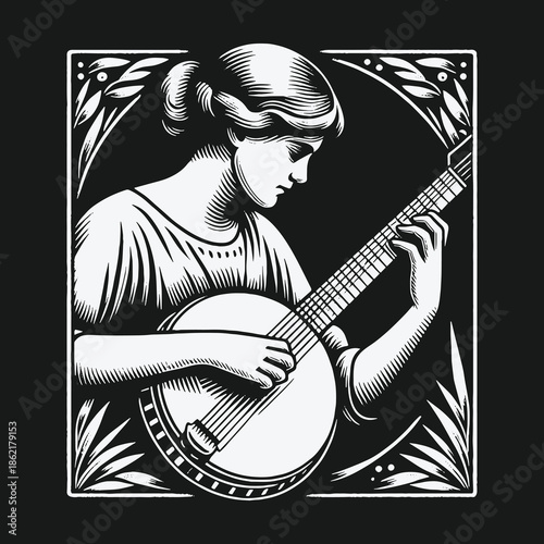 Vintage woodcut illustration of a woman playing the banjo.