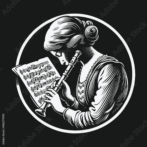 Classical woman playing a flute from sheet music in a vintage engraving style.