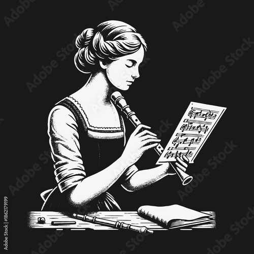 Classical woman musician playing the flute while reading sheet music.