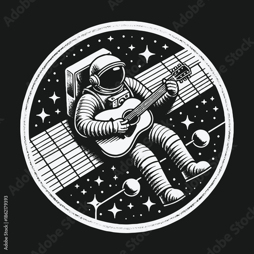 Monochrome illustration of an astronaut playing an acoustic guitar in space.