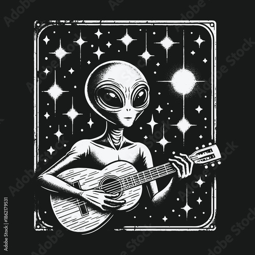 Cosmic grey alien serenading the stars with a guitar.