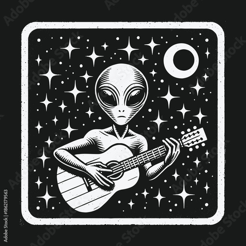 Monochrome illustration of an alien playing acoustic guitar in space.