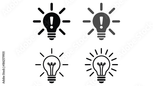  Light bulb idea icon set in solid and outline style isolated on white background, creative inspiration and innovation symbols for business, startup, education, and ui design use