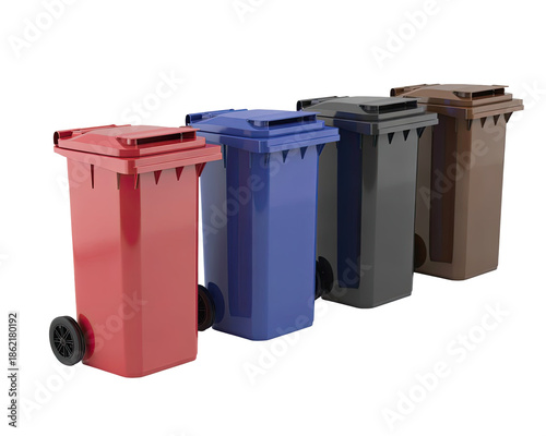Four colored recycling bins in a row isolated on transparent background