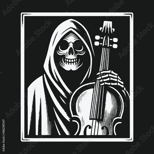 Dark Art Illustration of a Hooded Skeleton Holding a Cello.
