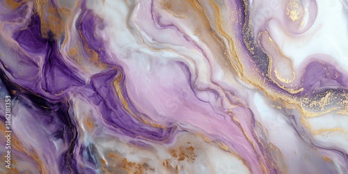 Elegant, abstract marble texture with a dynamic flow of violet and magenta colors, highlighted by fine gold veins, representing luxury and artistic flair.
